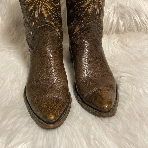 SOLD ❌Vintage ACME - Cowboy Boots Brown Leather w Gold Design Narrow Cowgirl - Picture 4 of 13